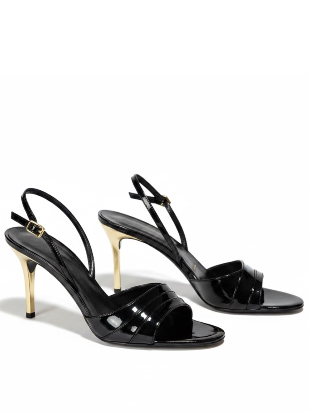 ST. JOHN Slingback Leather Heels, Black/Gold, 7.5B